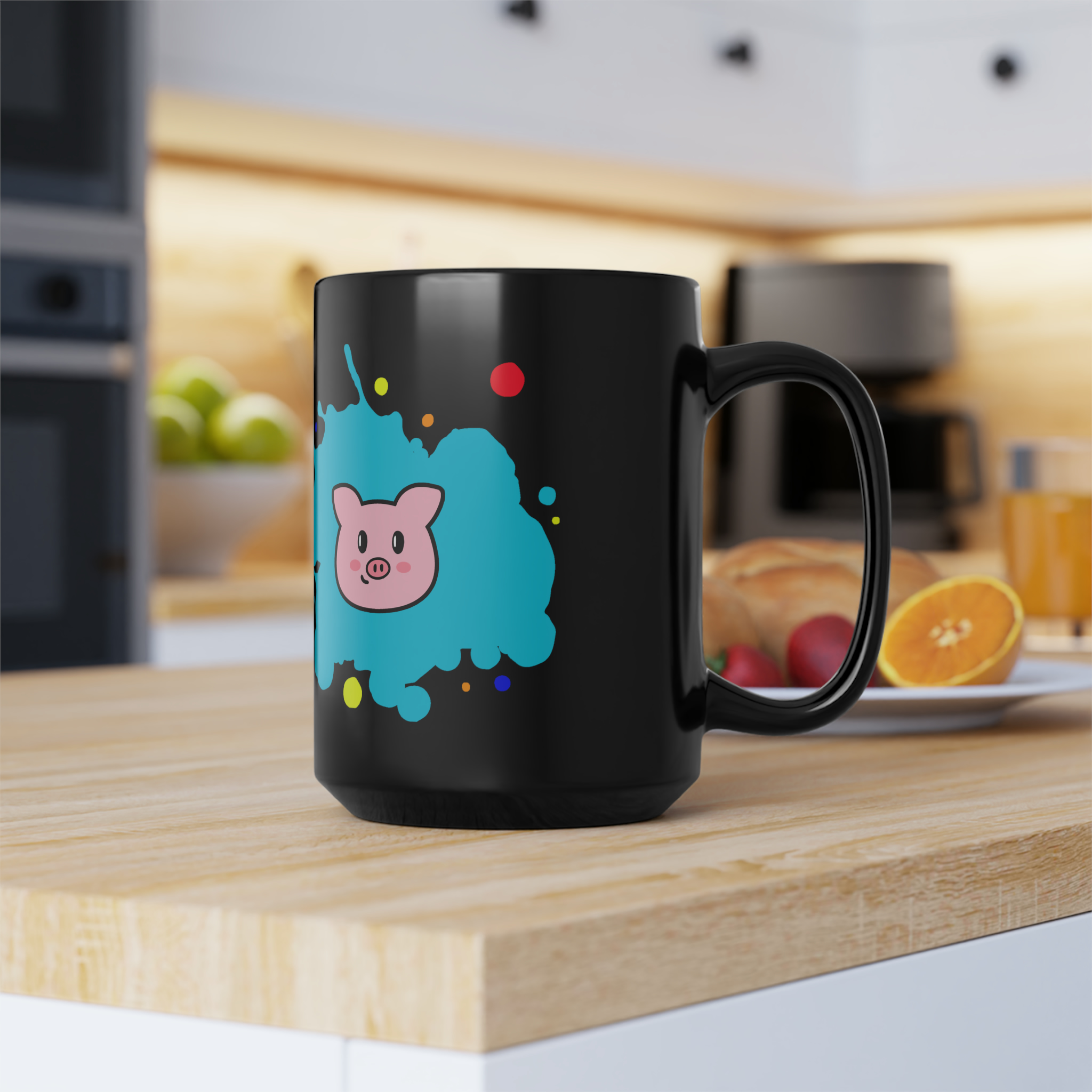 This "Piggy" black mug comes in one size – 15oz (0.44l) – plenty for morning caffeine boosts and hot cups of tea on a rainy day.