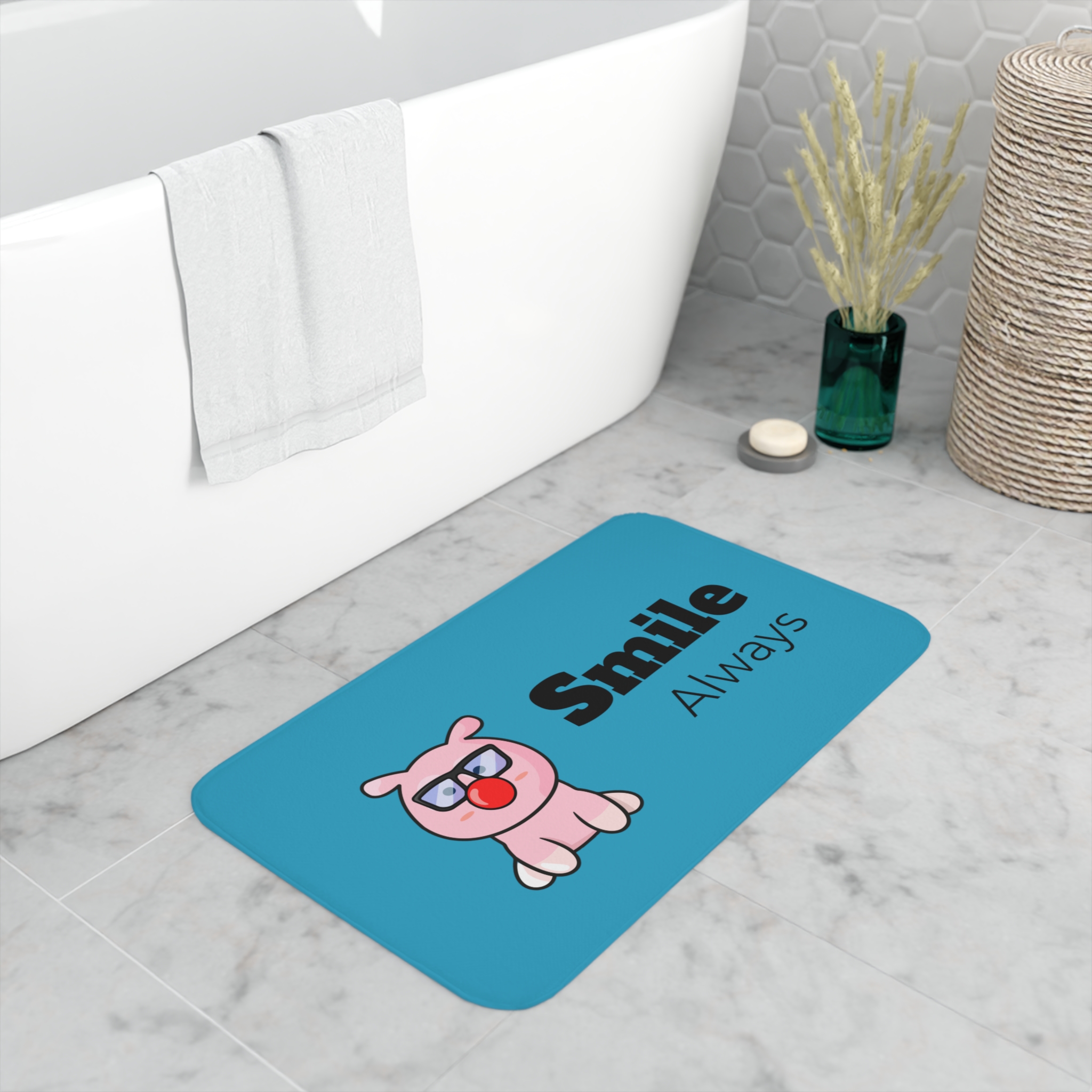 Add a splash of personality to any bathroom with this cute and customizable bath mat! You can get the MiniPigs motif you see in the photos or customize it with your own favorite design.