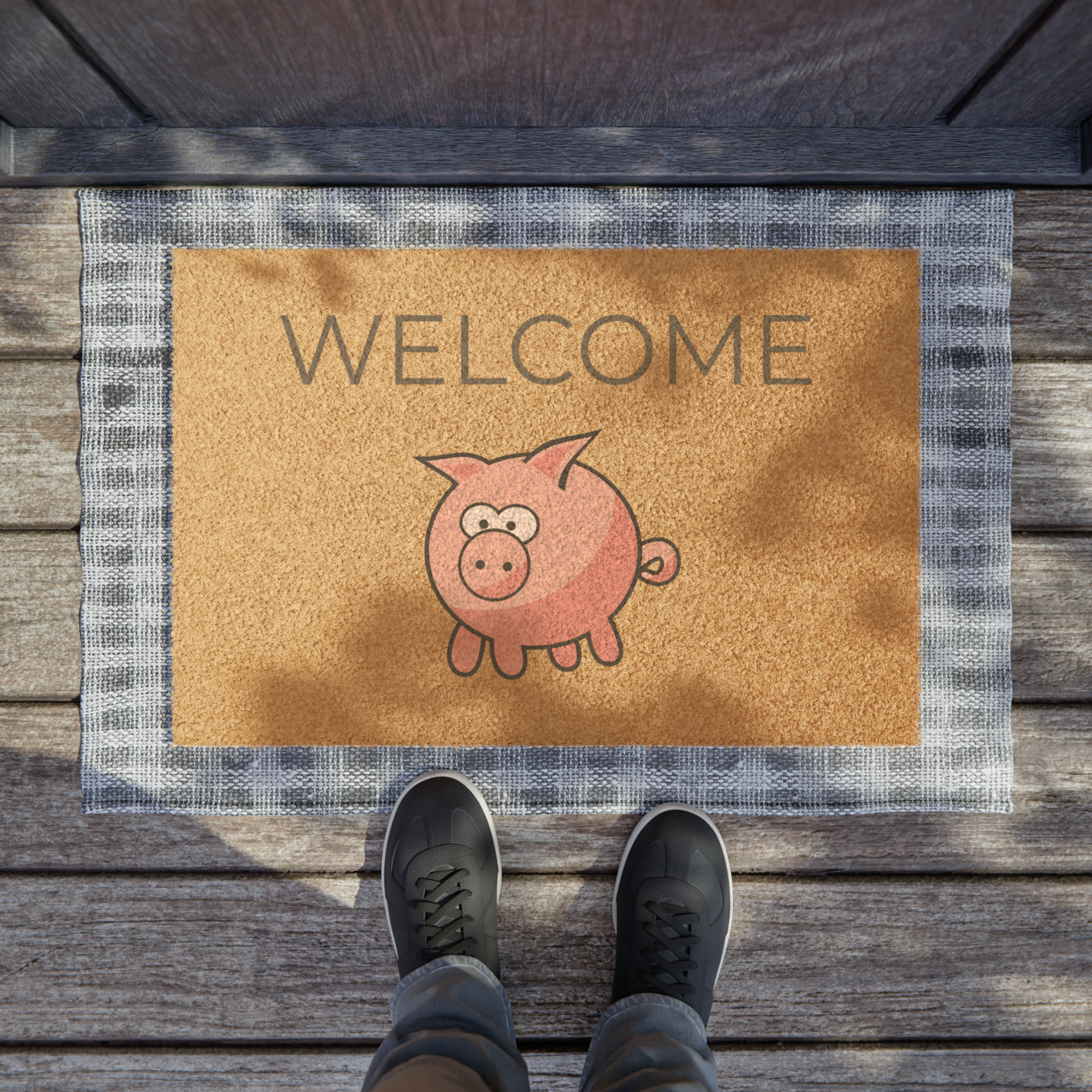 Cute Pig Welcome Doormat. Meet the perfect welcoming doormat that you can now fully personalize. Each custom mat comes in a 24" x 16" size and is made with Grade A tufted coir coconut fiber, making it perfect for outdoor use.