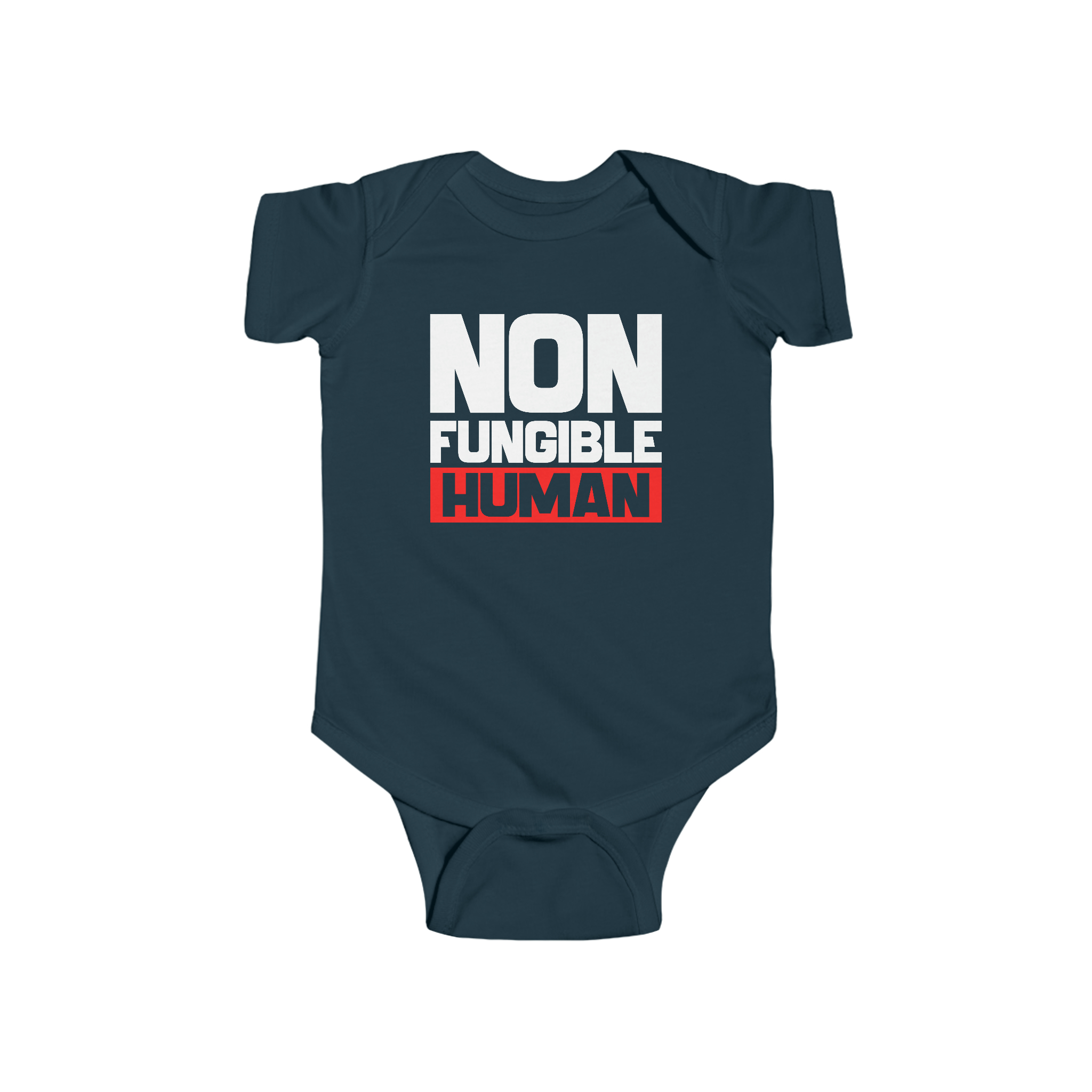 This cute "Non Fungible Human" infant fine jersey bodysuit is not only durable and soft, but fun! The fabric is 100% cotton for solid colors. For heather colors, polyester is included.